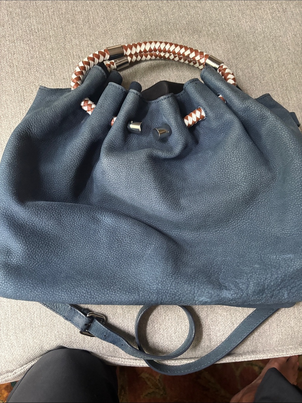 Zara. Leather Woven-Handle Drawstring Shoulder Bag in Navy - Picture 8 of 8